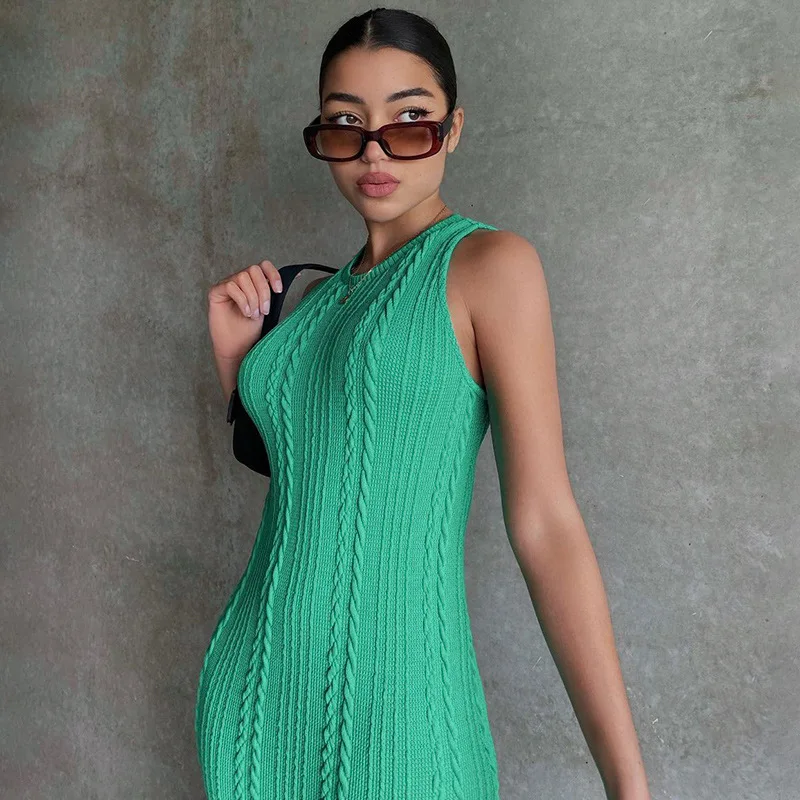 

New Arrival Summer Fashion Sleeveless Rib Knitted Round Collar Bodycon Maxi Dress For Women, 5 colors