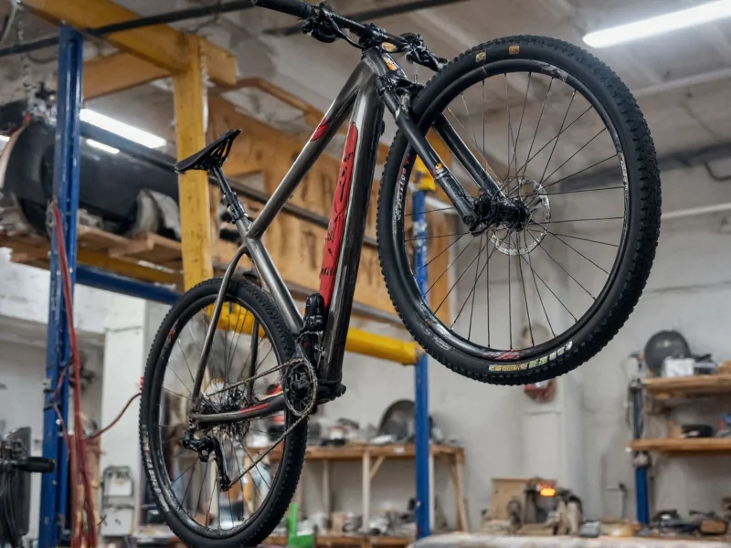 Ceiling pulley system lifting bicycle in workshop