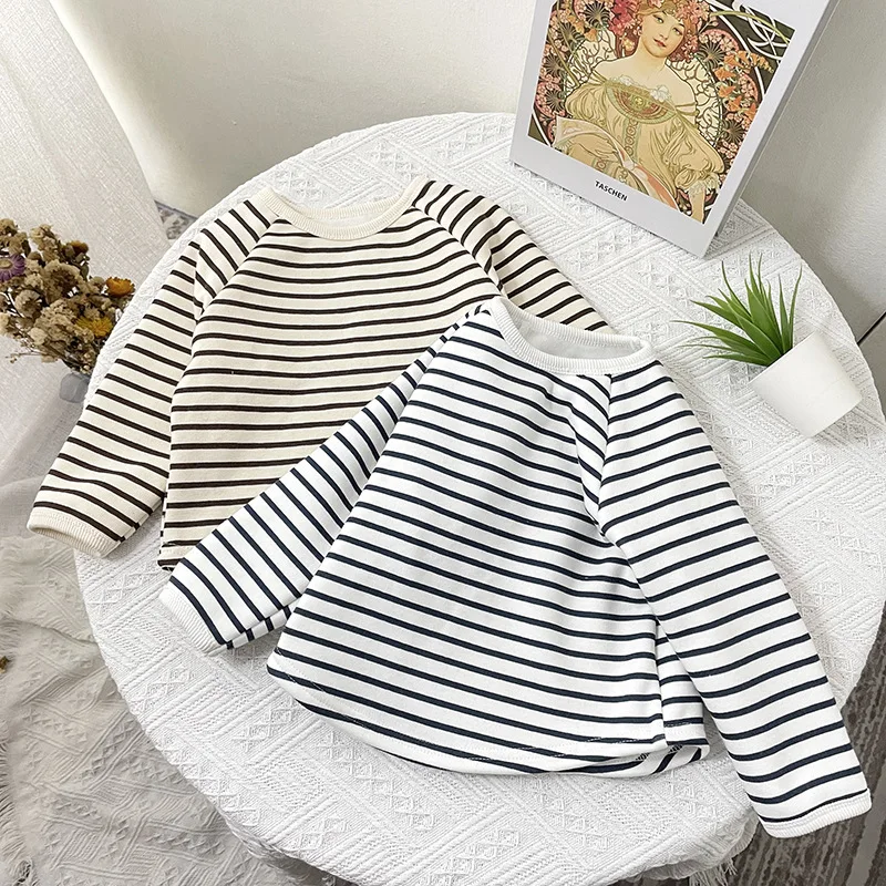 

2021 Winter New Kids Girls Full Sleeve T Shirt Striped Fashion Tops Autumn Children Clothing