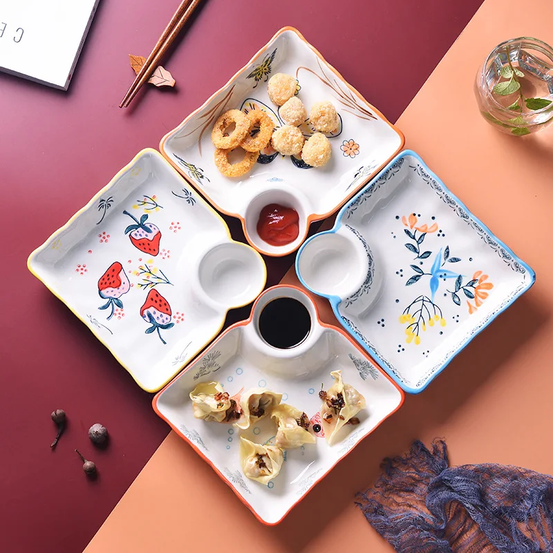 

8-inch Japanese Style Hand Painted Ceramic Dumpling Plate With Vinegar Dish