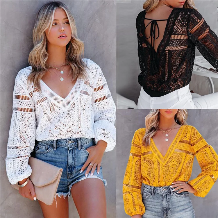 

D12400 2021 Fall New Fashionable Crochet Hollow Lace Long Sleeve Base Top For Boutique Women Clothes