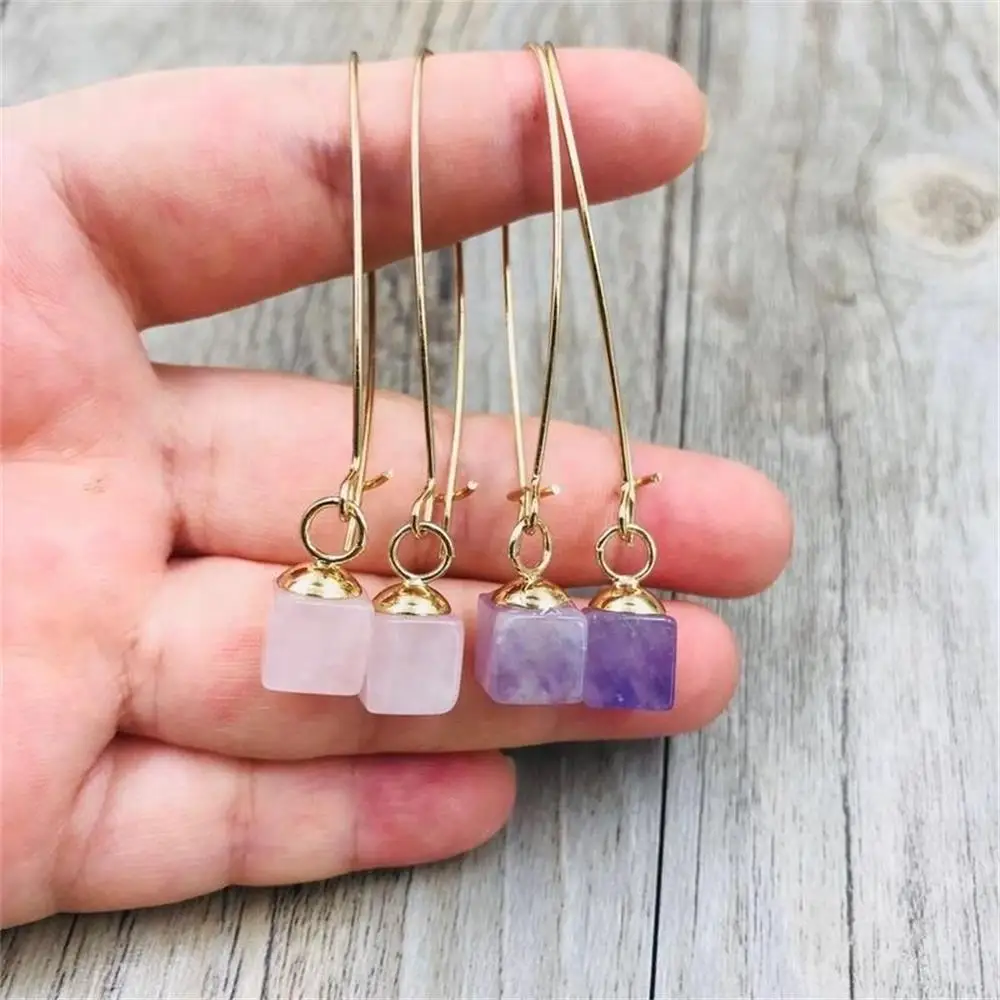 

Golden Plated Square Amethyst, Rose Quartz Earrings Natural Crystal Gemstone Earrings, Picture shows
