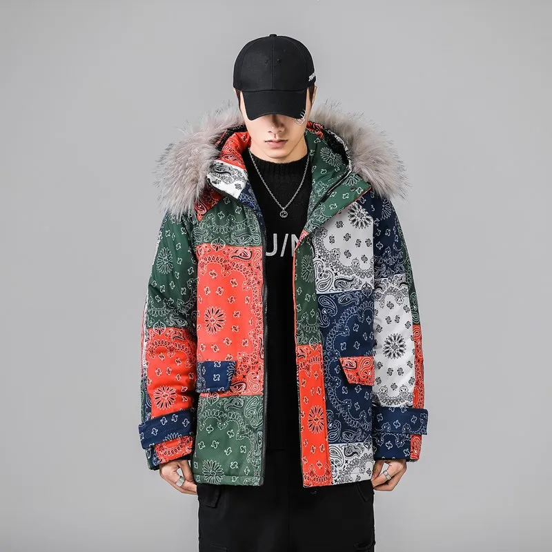 

NS043 2022 winter designer bandana warm jacket men coat with fur hood unisex puffer jacket