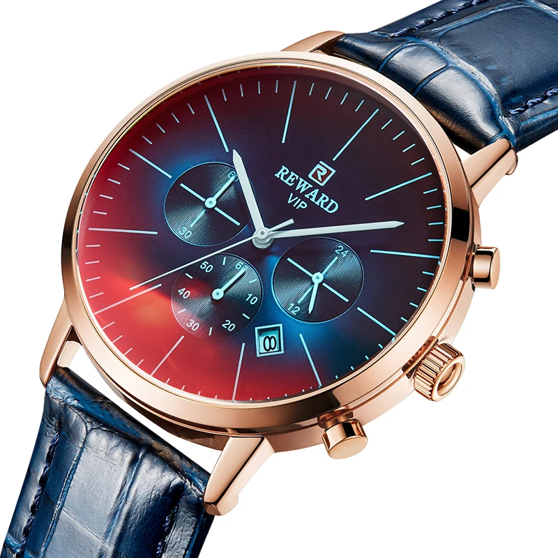 

Reward Changing Color Glass Men's Chronograph wrist watch leather strap Fashion Alloy Sport Water Resistant quartz Watches