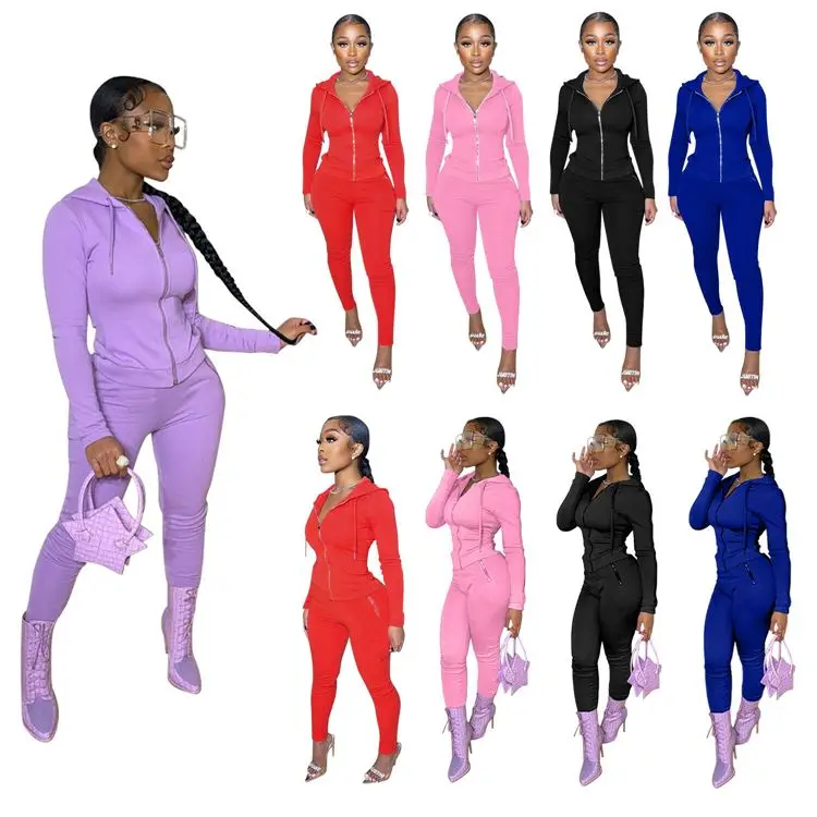 

Fashion Ladies 2 Piece Sweatsuit Long Sleeve Zip Up Hoodie Women Active Wear Two Piece Pants Set, Picture shown