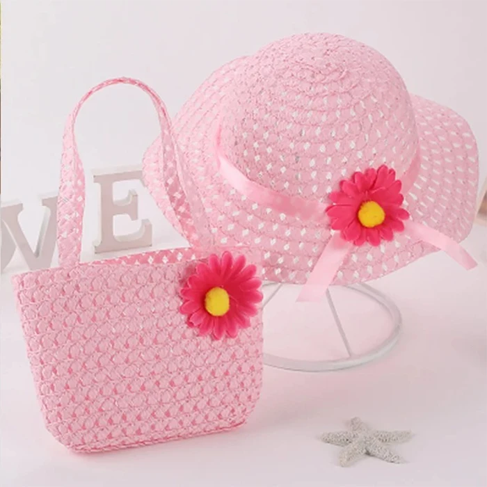 

New Arrival Korean Kids Straw Hat and Bag Set Small Beach Hand Bag Summer Flower Handbags for Girls, 5 colors