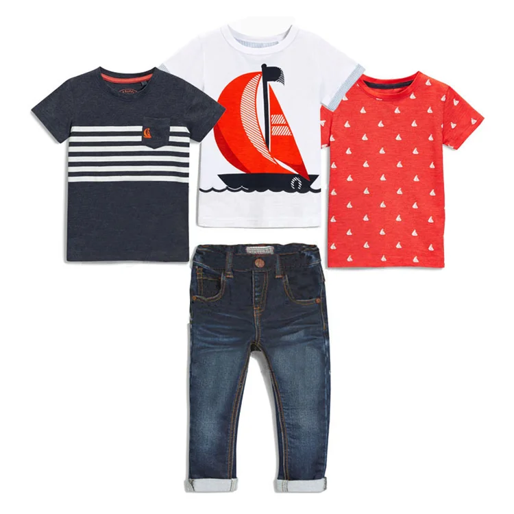 

Two piece kids clothing short sleeve t-shirt and pants boys clothing sets jeans, 3 designs