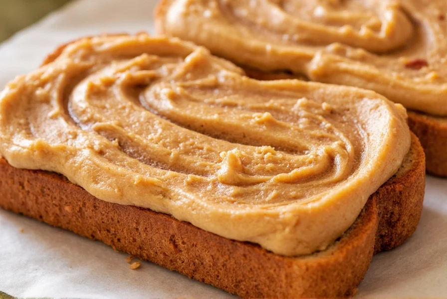 Close-up of peanut butter swirl with cinnamon dusting on whole grain toast