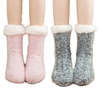 

Winter Women Fluffy Anti Slip Fleece Warm Cozy Slipper Gripper Socks, As pictures