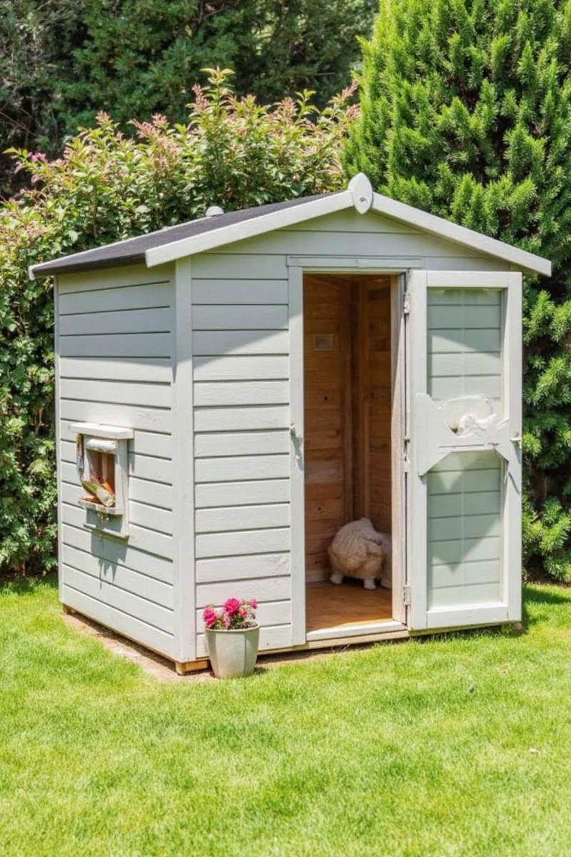 Close-up shot of a wooden garden shed with a red pet door installed at floor level.