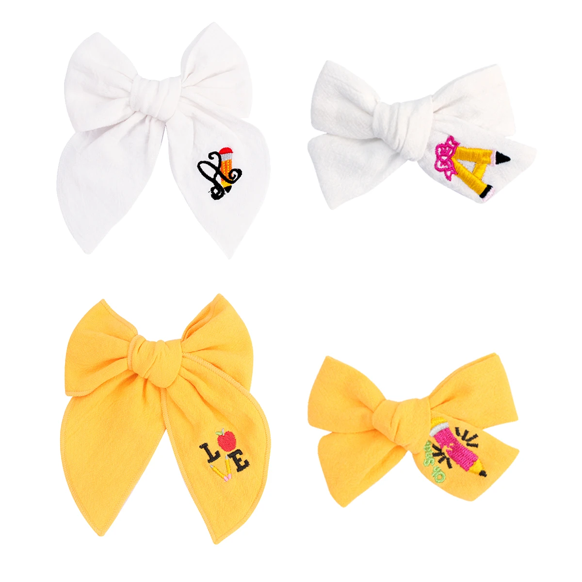 

Yellow Fabric Embroidered Pencil Back To School Uniform Hair Bows Clips First Day Of School Hair Bows for Girls