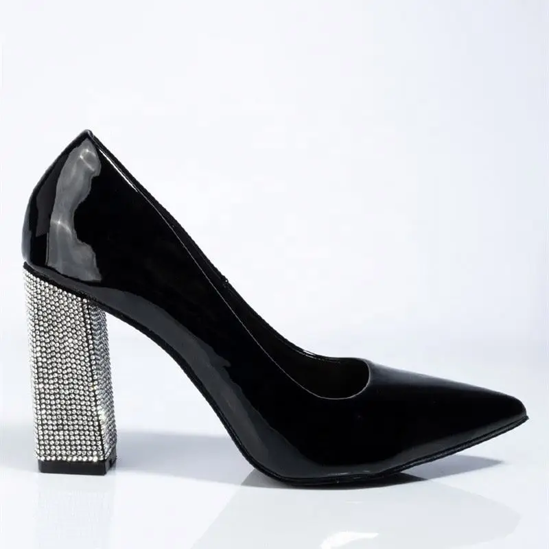 

New Arrival Fancy Women Black Patent Leather Rhinestones Chunky Heel Pumps Shoes Ladies Pointed Toe Party Shoes