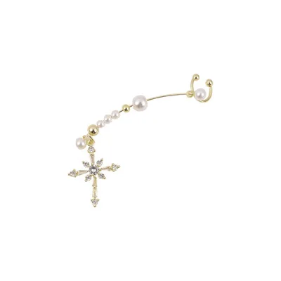 

MYSO New Ins Fashion Cross Earrings Exquisite Earrings For Women Ear Bone Clip Pearl Cross Earrings