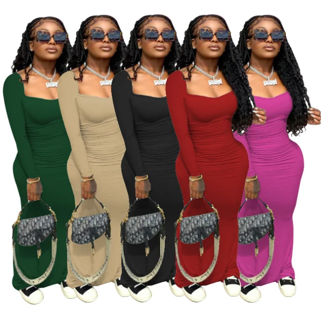 

2021 Women Sexy Soild Color Long Casual Dresses New Fashion Autumn BODYSUIT LONG SKIRT solid color elastic waist Pleated Dress