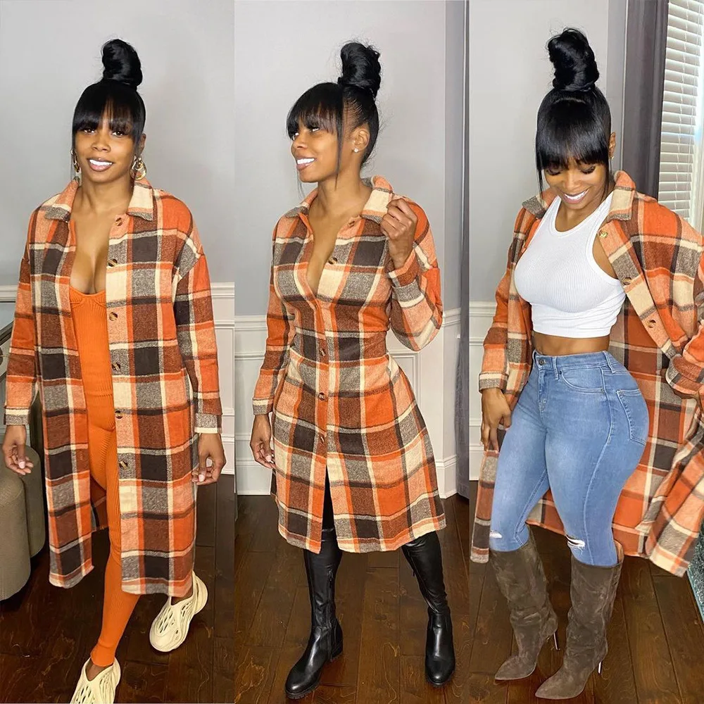 

spring plaid overcoat jacket Cardigan Sweater winter long Woolen trench coat for women 2022