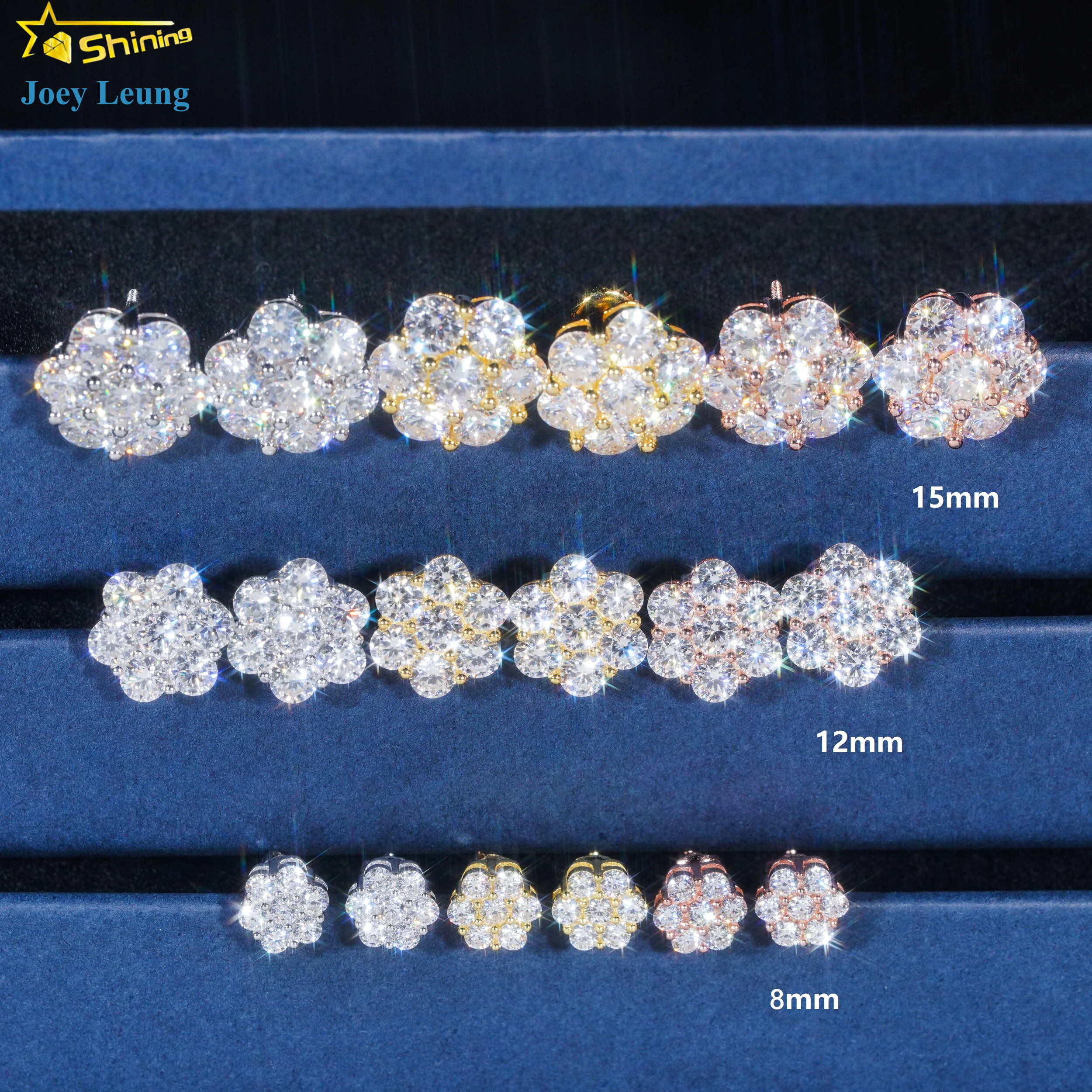 Ready to Ship Hip Hop Style Pass Diamond Tester 925 Silver Gold Plated VVS Diamond Moissanite Flower Stud Earrings Cluster