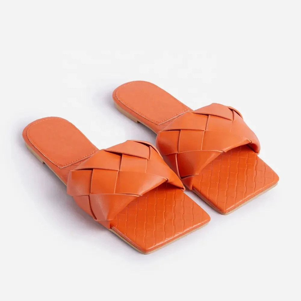 

NSF017 Woven Square Toe Faux Leather High Quality Women Flat Slider Sandal Ladies Flats, Any color available