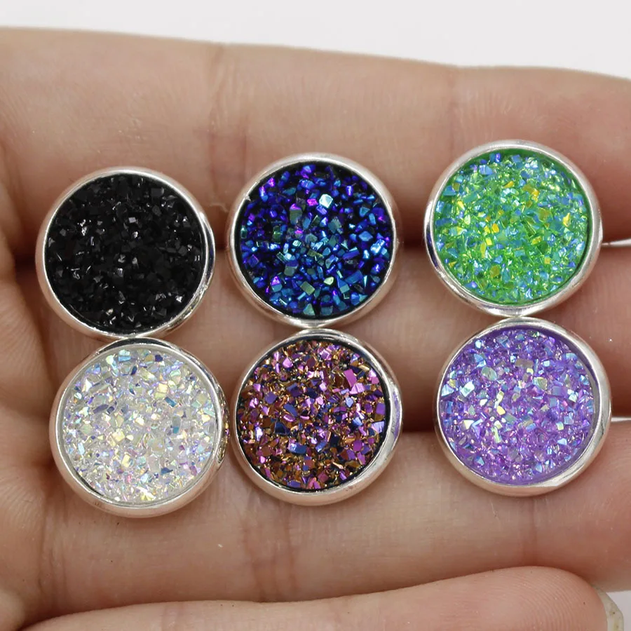 

Silver Plating Stud Resin Druzy Drusy Earrings 12mm Resin Cabochon Earrings for Women Jewelry Gift