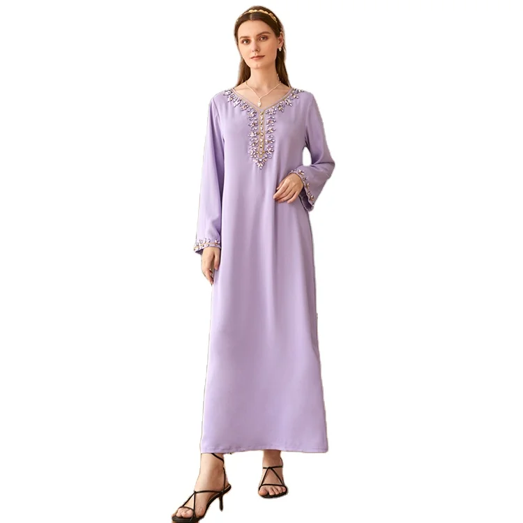 

HJ MD0053 Middle East Elegant Long Sleeve Bead Closed Abaya Women Ladies Purple Muslim Dress Turkey, Avocado green