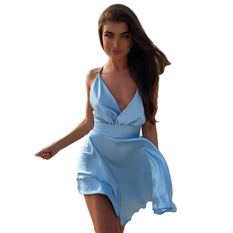 

Ladies spaghetti strap dress spaghetti strap dress Women Summer Beach Club Short Mini satin evening dresses, Pink purple , black, blue