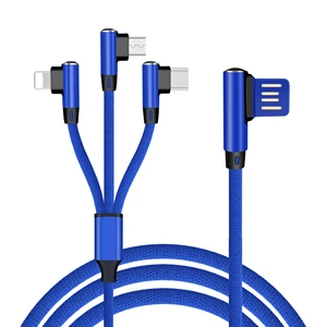 RC-19 Blue 3 in 1 90  Degree angle Fast Charging bend head USB cable for iPhone Type C Micro USB