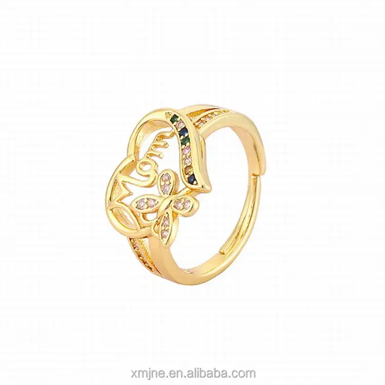 

European And American Simple Jewelry Copper Micro-Inlaid Color Zircon Gold Open Ring Female Mother Letter Adjustable Ring