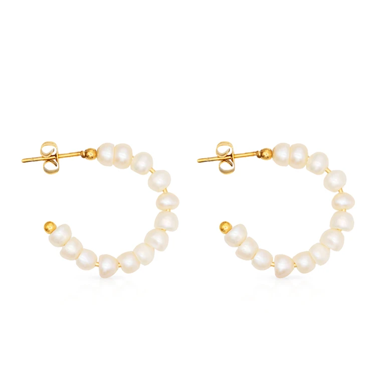 

Chris April 316L stainless steel PVD plated gold freshwater pearl earrings baroque C shape hoops