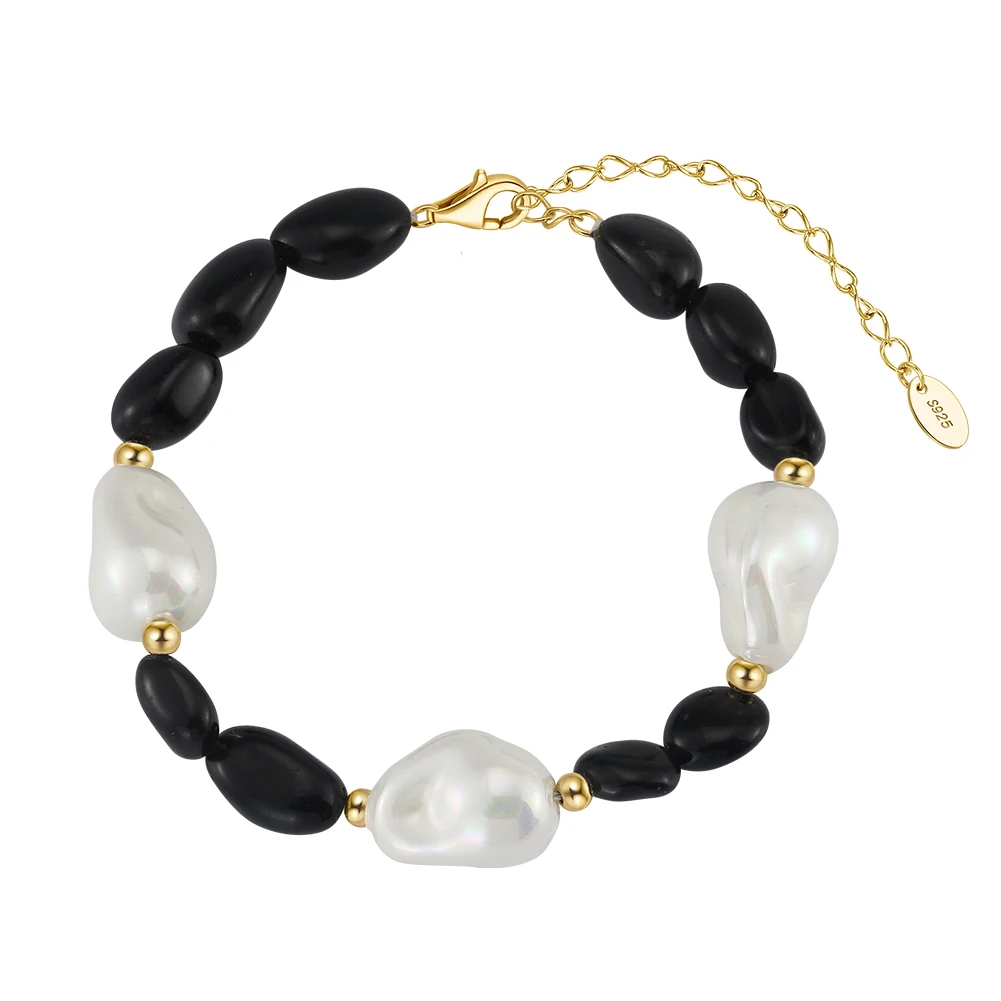 GMB63 RINNTIN 3 Large Baroque Pearls Obsidian Bead Bracelet 925 Sterling Silver Bracelet Adjustable Jewelry