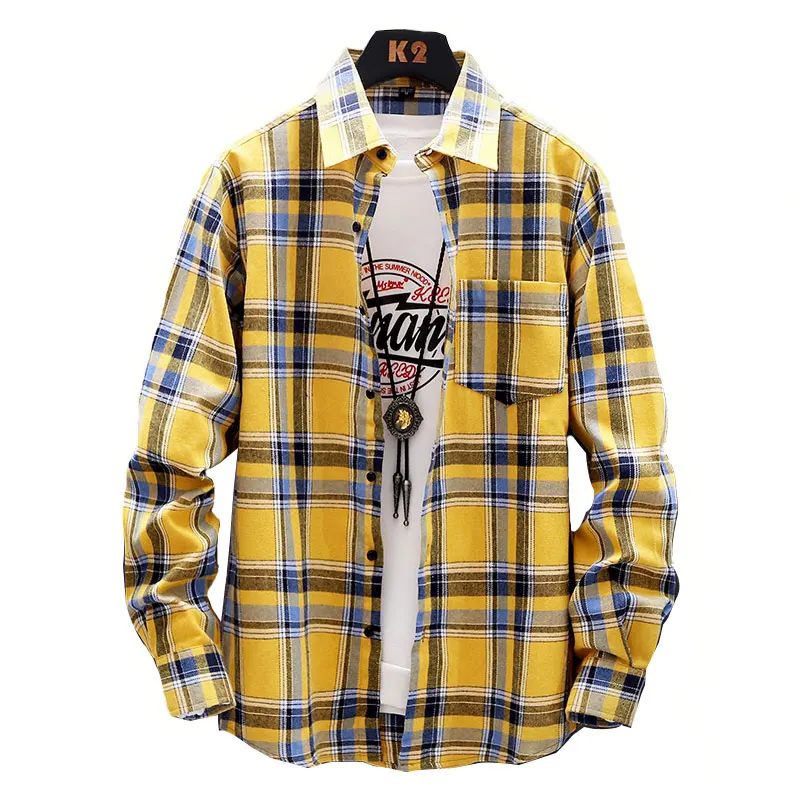 

Trendy Plaid Shirt Fashion Spring Mens Shirts Turn-Down Collar M-3XL Men Shirt Long Sleeve, Blue,yellow,red