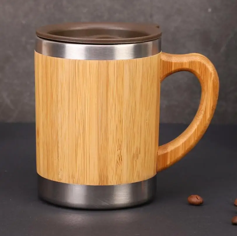 

Eco Friendly Wholesale Custom Logo Stainless Steel Bamboo Fiber Thermos Flask Bamboo Handle Vacuum Insulated Coffee Travel Mug