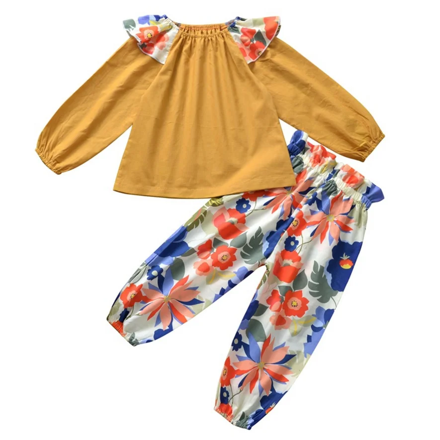 

2019 new fall baby clothes 100% cotton wholesale girls long sleeve top rufflefloral print pant newborn baby girl clothing, Customized color