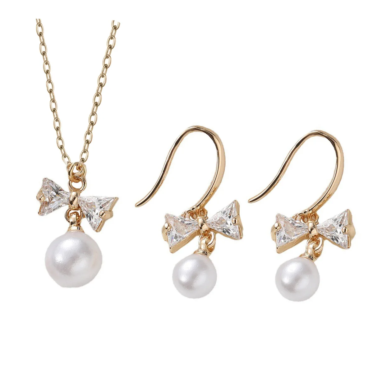 

Wholesale fashion jewelry accessories Zircon Bow Round Pearl Pendant Necklace Earrings set for women
