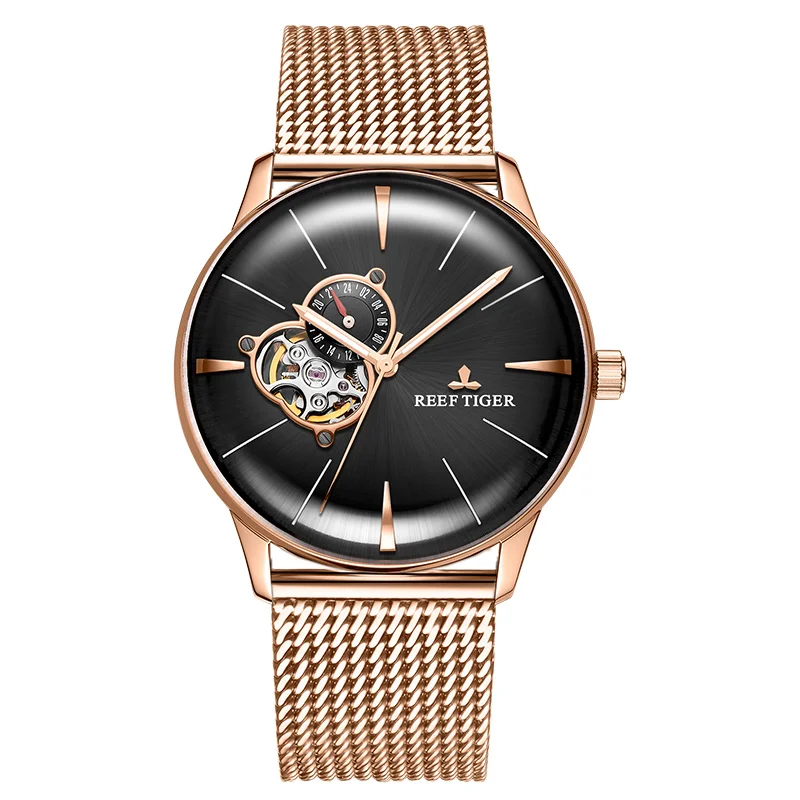 

REEF TIGRE RGA8239G Luxury Rose Gold Watch Men's Automatic Mechanical Watches Tourbillon Watches With Stainless Steel Mesh Strap