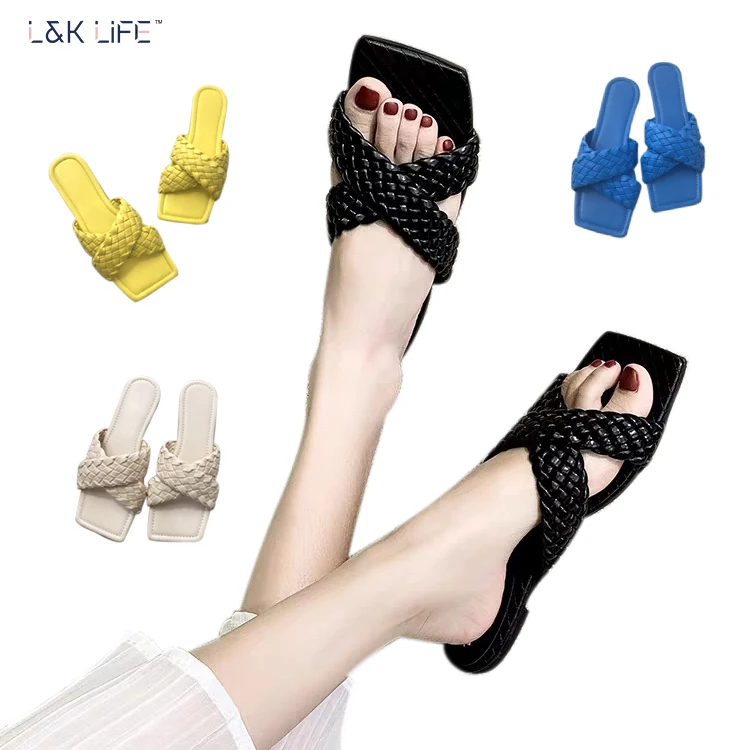 

Wholesale Daily Braiding Style versatile simple large flat knitting sandals with sandals, Black,beige,yellow,blue