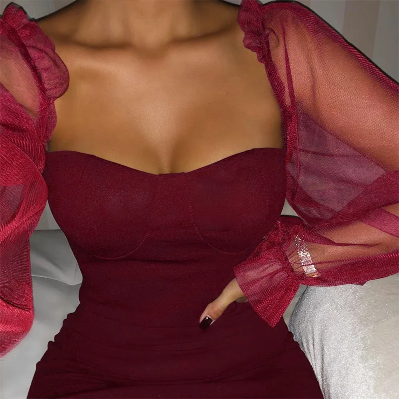 

Puff sleeve women casual dress 2019 autumn slim bodycon lady mesh dress, Wine,black