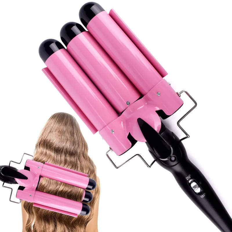 

ihongSen planchas para cabello Professional Hair Styling Tools 3 Barrels Triple Ceramic Hair Curler Hair Waver Curling Iron, Pink customized