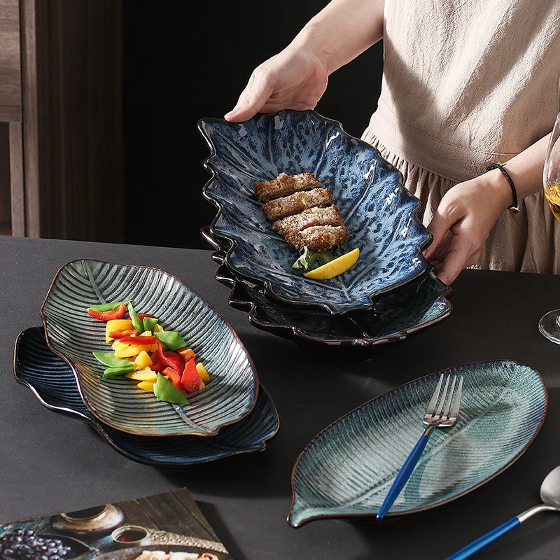 

Japanese style ceramic household fish dish creative blue and green glaze leaf shaped sushi plate, Blue or customized