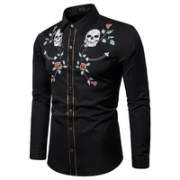 

2019 Men's Fashion Embroidered American Western Cowboy Style Shirt Skull Head Rose Long Sleeve Shirt factory.