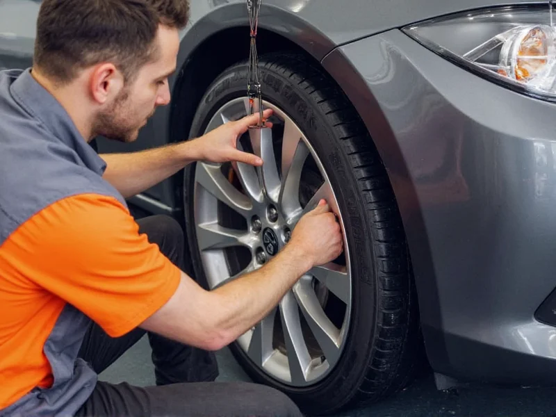 Car owner checking wheel alignment with string method