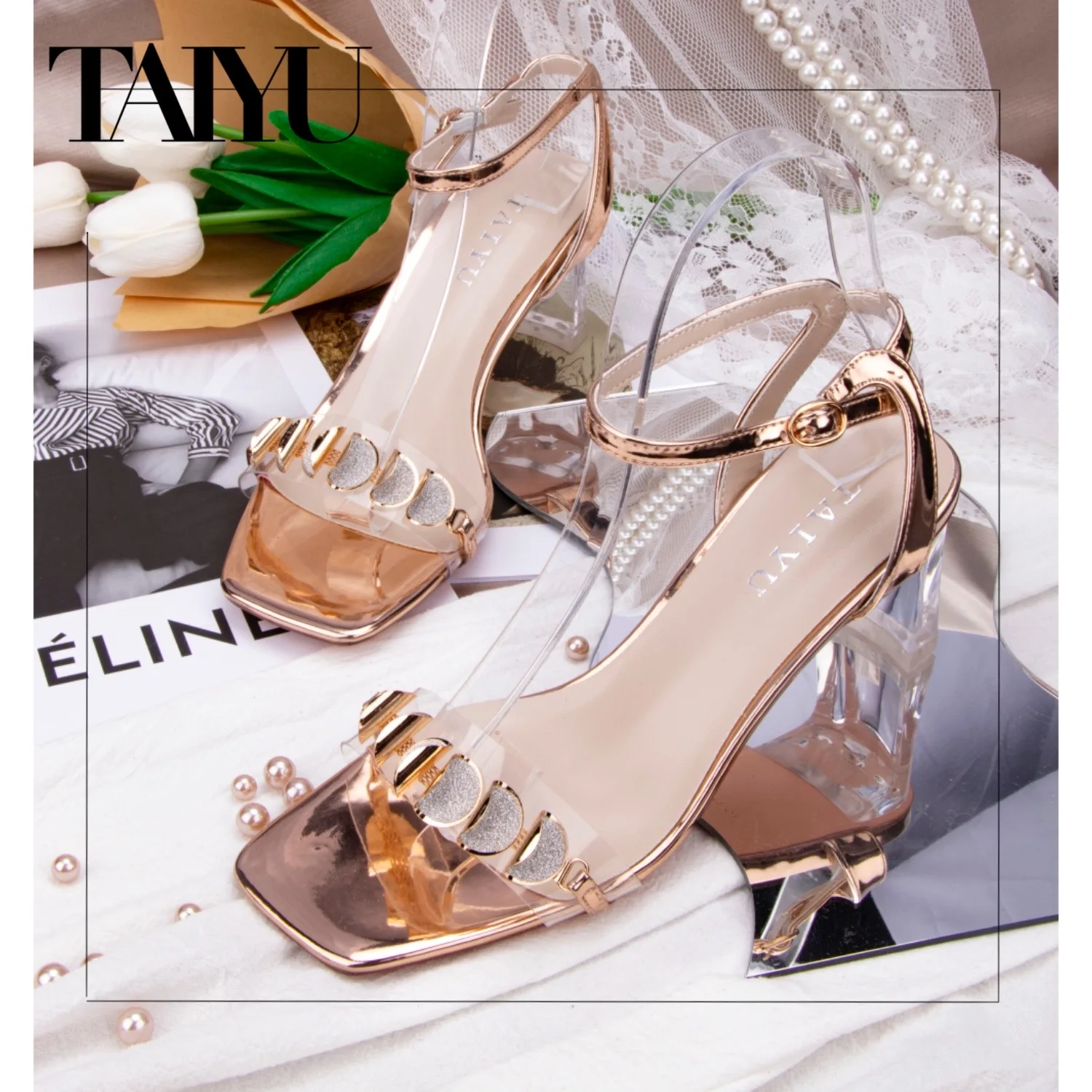 

2021 Taiyu Summer Women Sandals PVC Block Jelly Crystal High Heel sandals