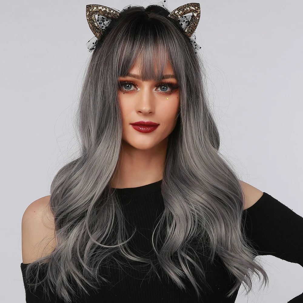 

High Quality Long Natural Wave Synthetic Wigs With Bangs Ash Grey Heat Resistant Synthetic Fiber Hair Women Wig, Same as the photo