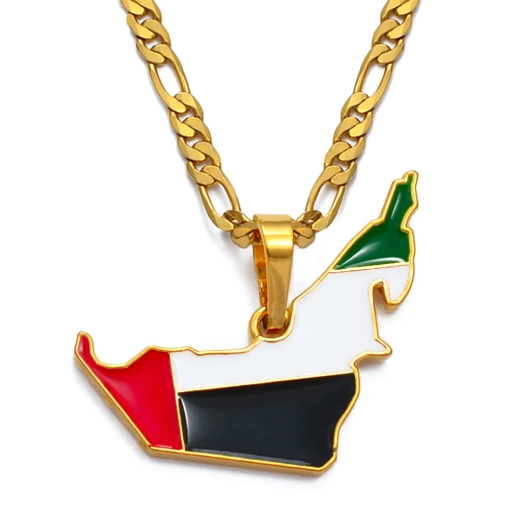 Stainless Steel 18K Gold Plated Enameled the United Arab Emirates Map Flag Necklaces Enamel UAE Flag Map Chain Necklace