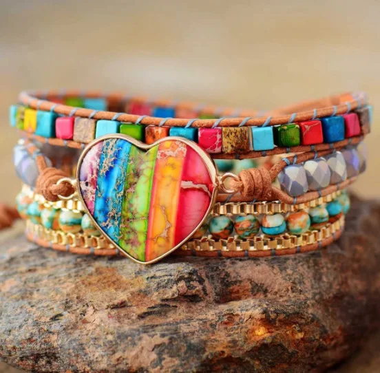 

Wholesale Vintage 7 Chakra Leather Wrapped Heart Shape Bracelet Multicolor Natural Stone 3 Layers Bead Bracelet