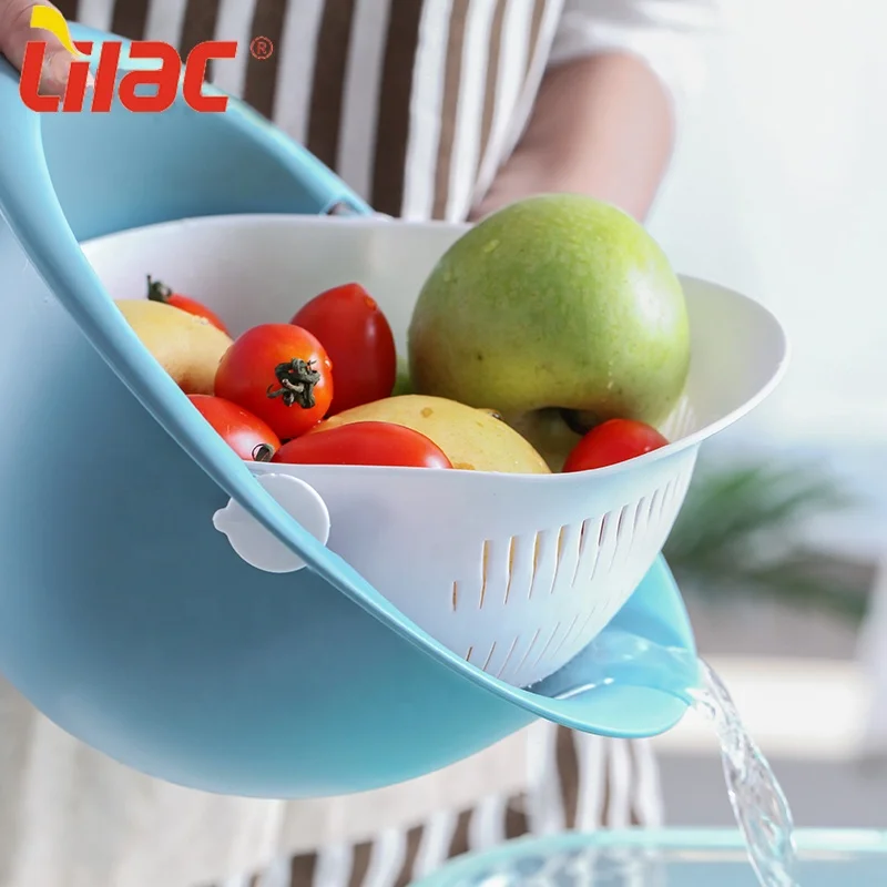 

Lilac FREE Sample Hot Selling Plastic PP Double Layer Rotatable Draining Bowl Fruit Vegetable Washing Drain Basket, White