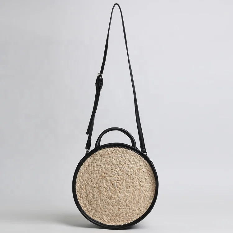 

OEM handmade summer beach round bucket straw shoulder bag women weave raffia bag, Natural