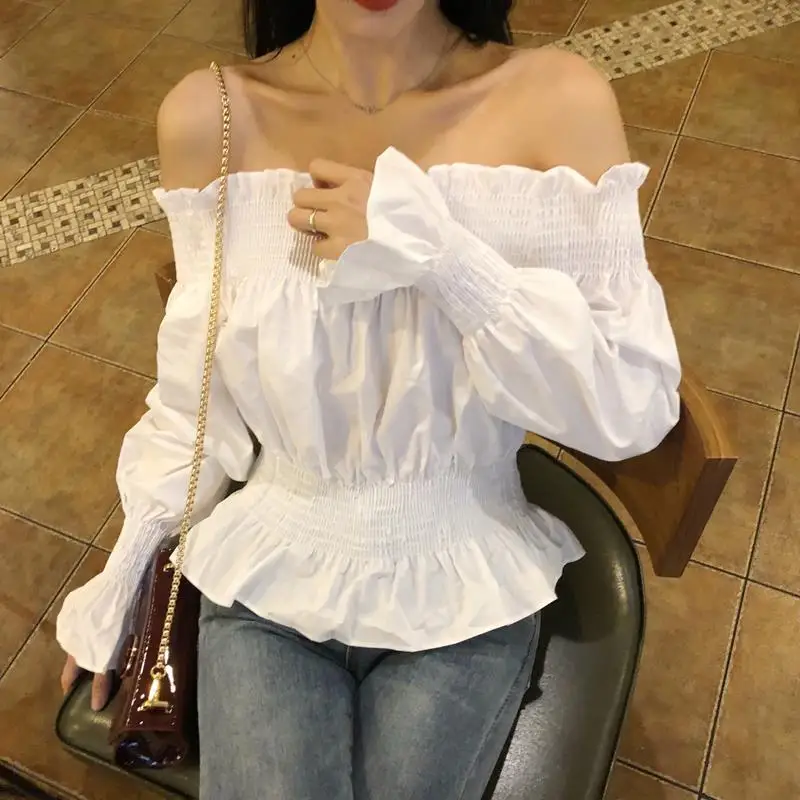 

Korean fashion white women square neck solid elastic puff sleeve blouse tops, Picture showed