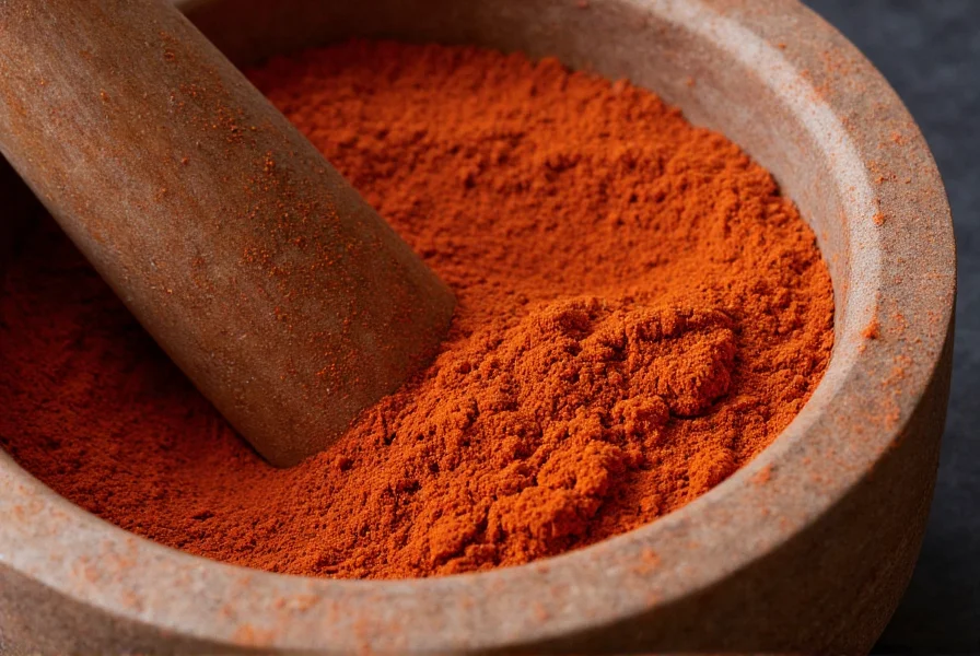 Traditional Chinese mortar and pestle with freshly ground Sichuan pepper showing its fine reddish powder texture