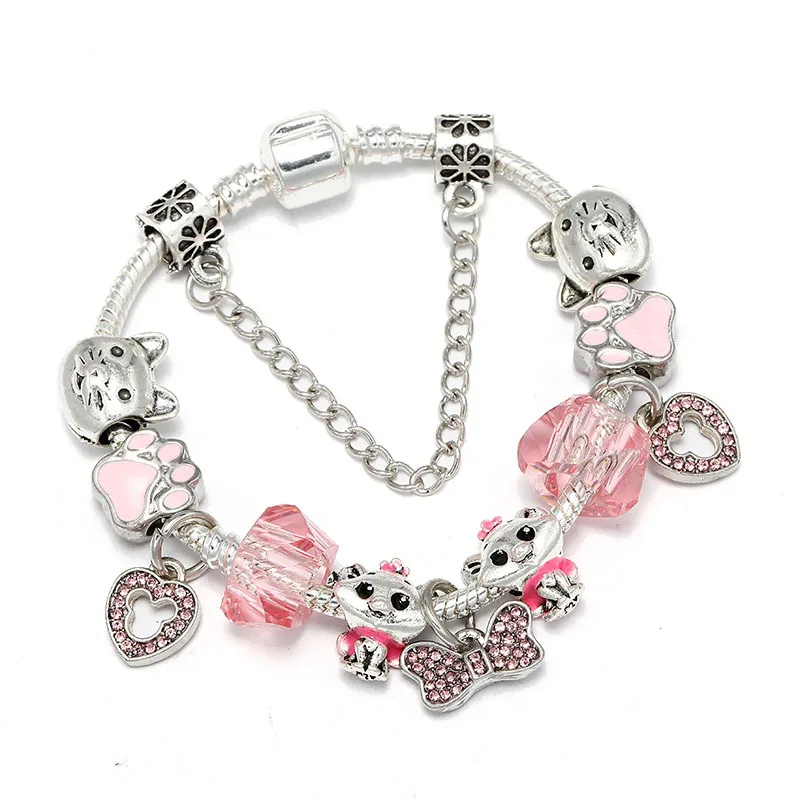 

Fashionable Romantic Pink Bowknot Pendant Bracelets Lovely Cartoon Cat Bangle Bracelets Ladies Exquisite Kids Charm Bracelets, Picture shows