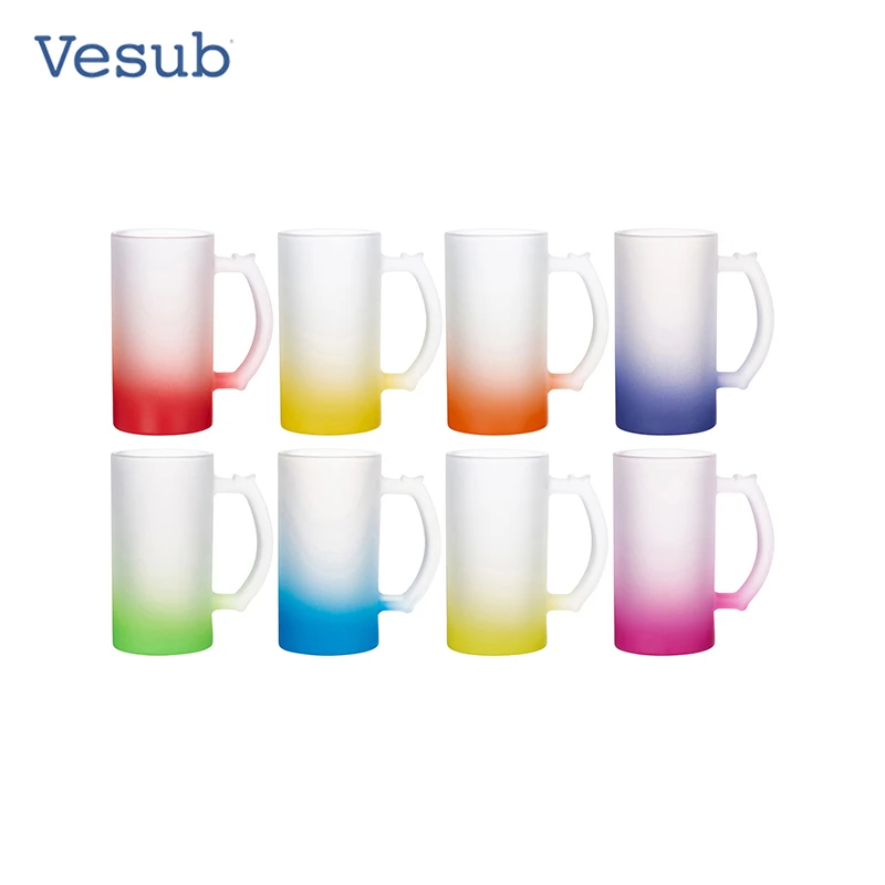 

Wholesale High Quality 16oz Sublimation Customized Gradient Color Frosted Glass Beer Mug For Heating Press Transfer, Red, orange, light blue ect.