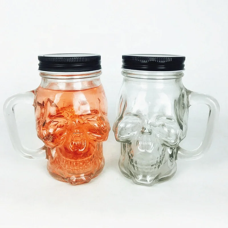 

450ml  crystal glass skulls beer mug drinking mason jar with screw lid and handle